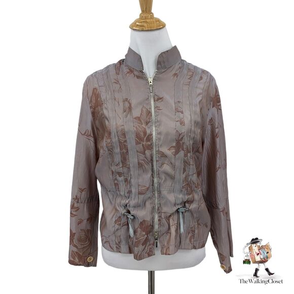 Deca Paris Metallic Jacket Womens S Small Pink Floral Print Zip Up Toggle Detail - Picture 1 of 12